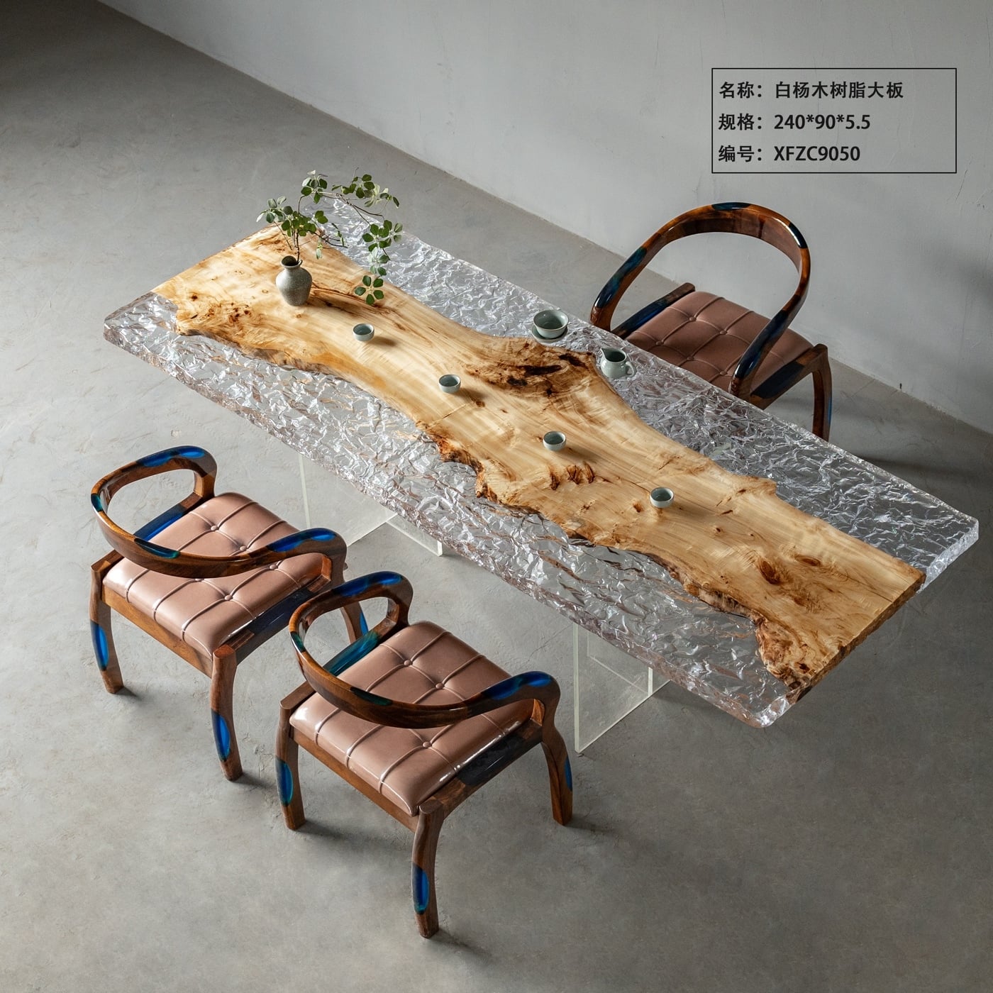 Ice Texture Clear Resin River Table, Live Edge Poplar Burl Wood Tea & Dining Table for Home