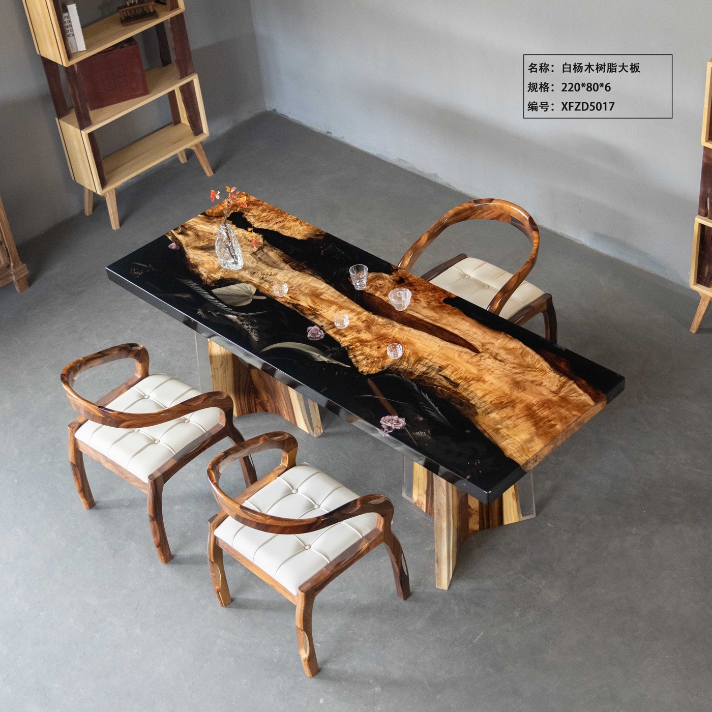 Black River Epoxy Table, Live Edge Poplar Burl Wood Tea & Dining Table for Home