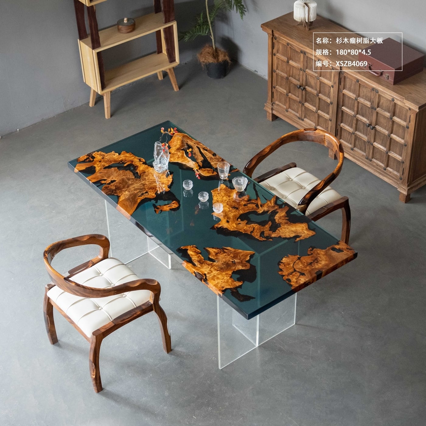 Teal Stream Epoxy River Tea Table, Burl Wood Art Furniture for Tea Room