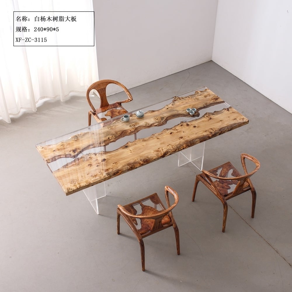 Transparent Resin River Table, Live Edge Poplar Burl Wood Tea & Dining Table for Home