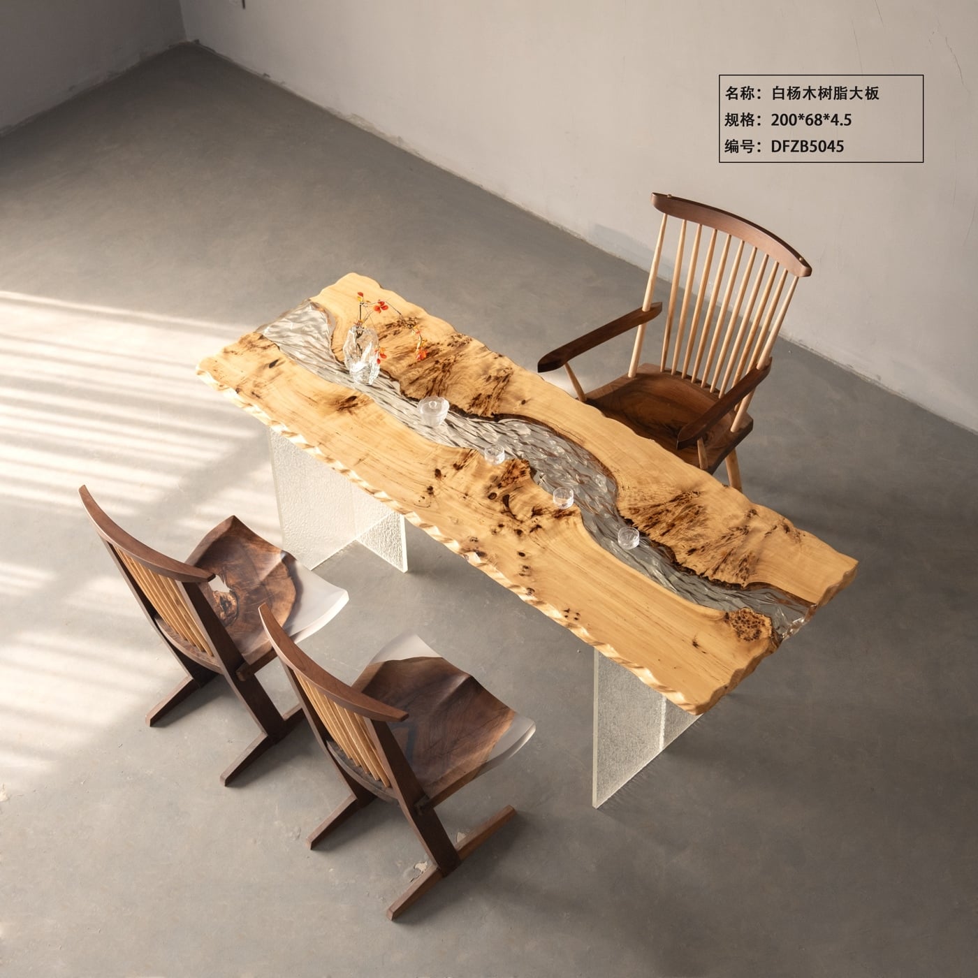 Stream Texture Epoxy River Table, Live Edge Poplar Burl Wood Tea & Dining Table for Home