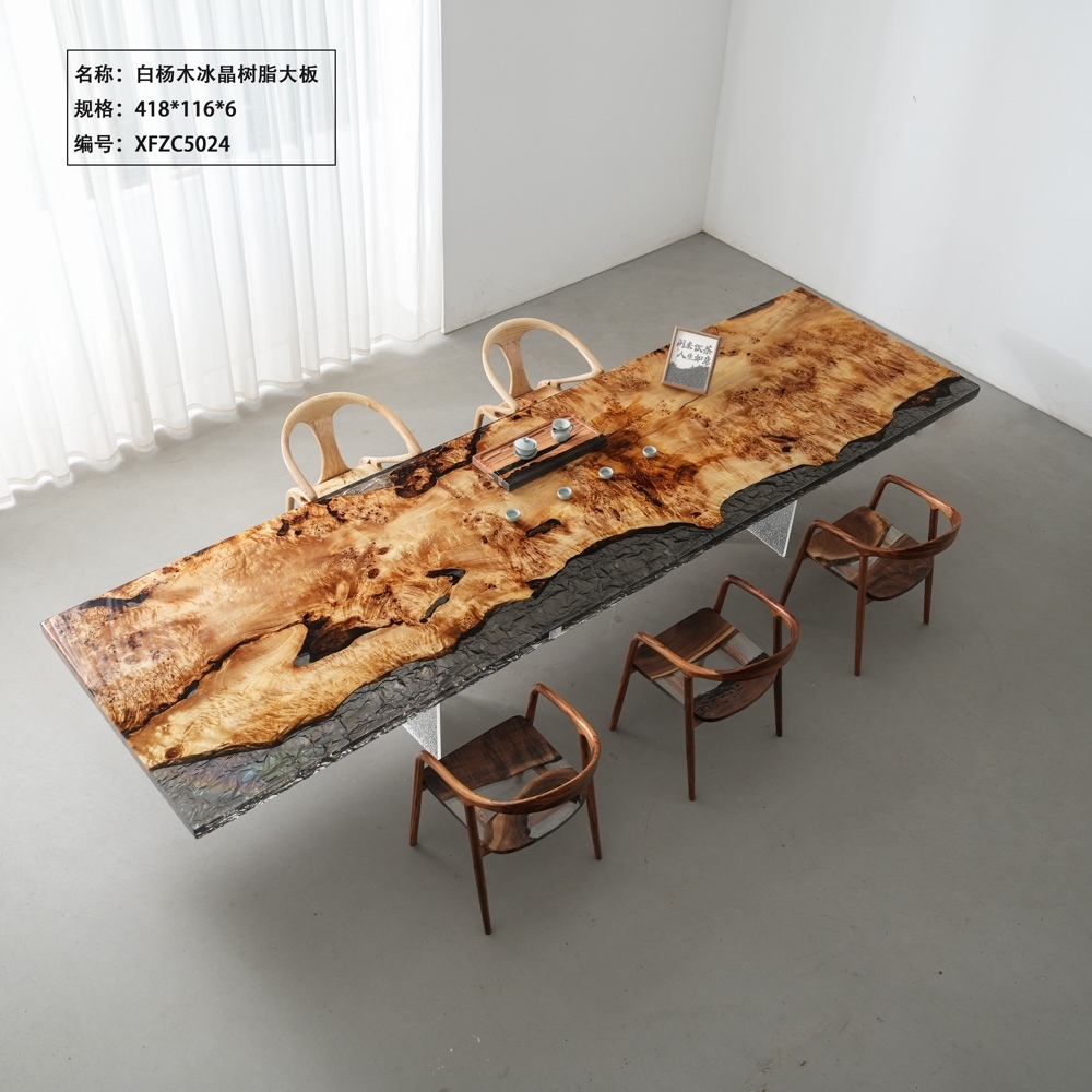 Large Ice Texture Clear Resin Table, Live Edge Poplar Burl Wood Tea & Conference Table for Villa