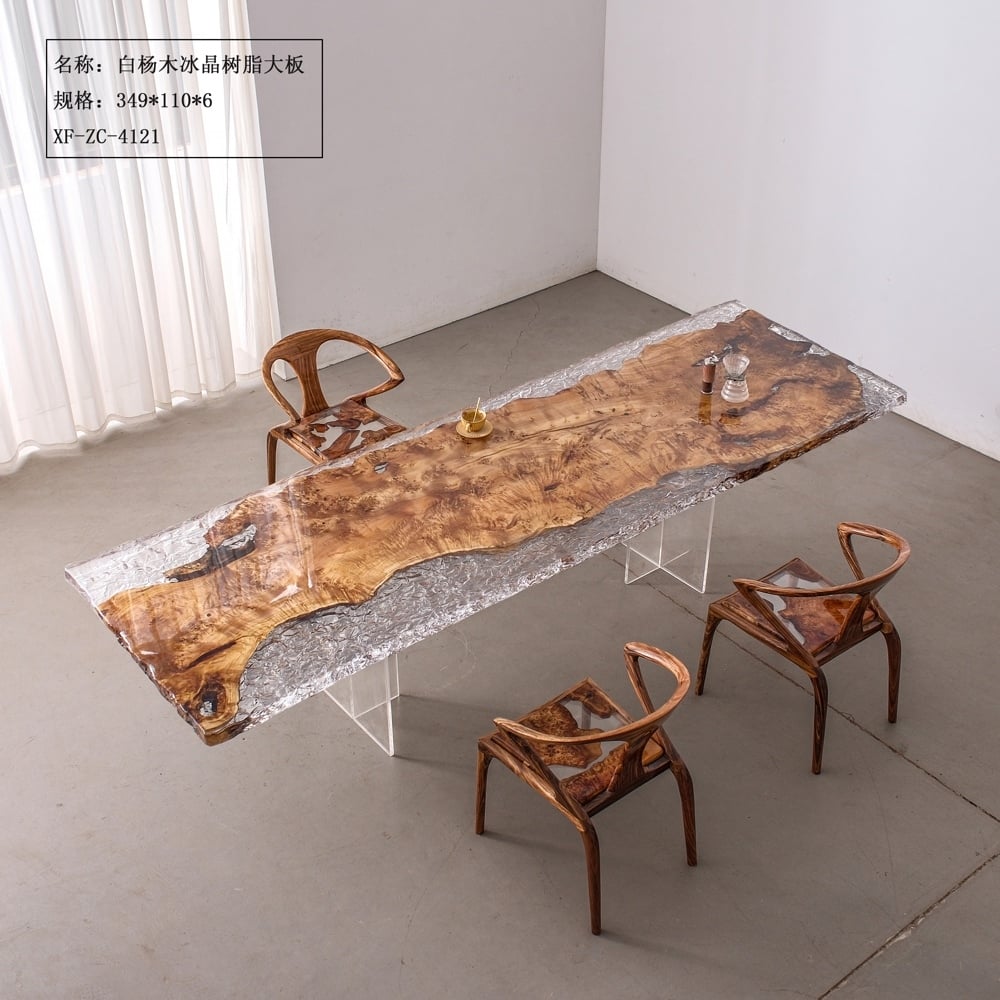 Large Ice Texture Clear Resin Table, Live Edge Poplar Burl Wood Tea & Dining Table for Villa