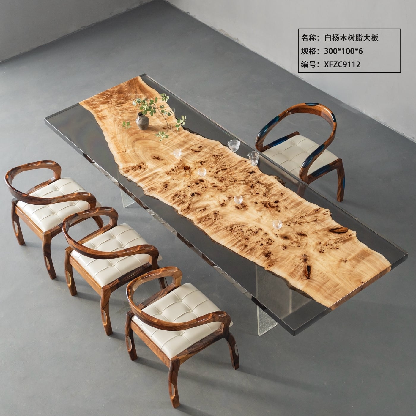 Full Clear Resin River Table, Live Edge Poplar Burl Wood Tea & Dining Table for Villa