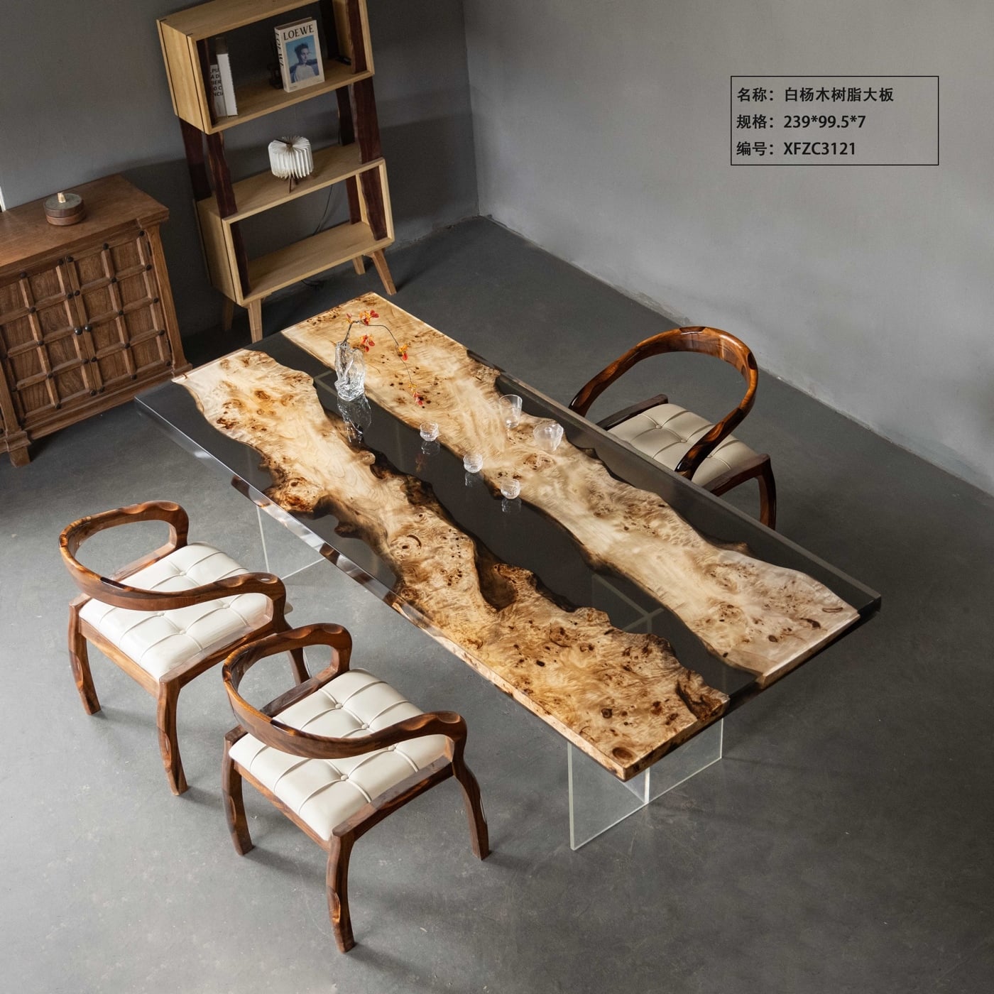 Black River Epoxy Table, Live Edge Poplar Burl Wood Tea & Dining Table for Villa