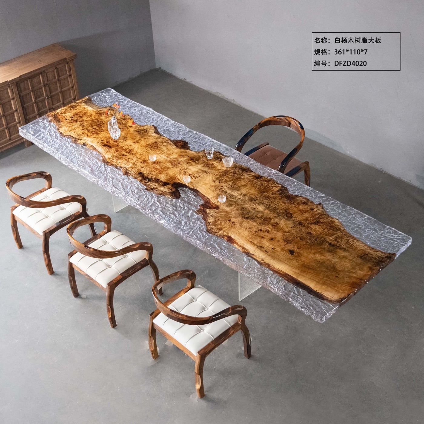 Glacier Ice Effect Epoxy Table, Live Edge Poplar Burl Wood Tea & Dining Table for Villa