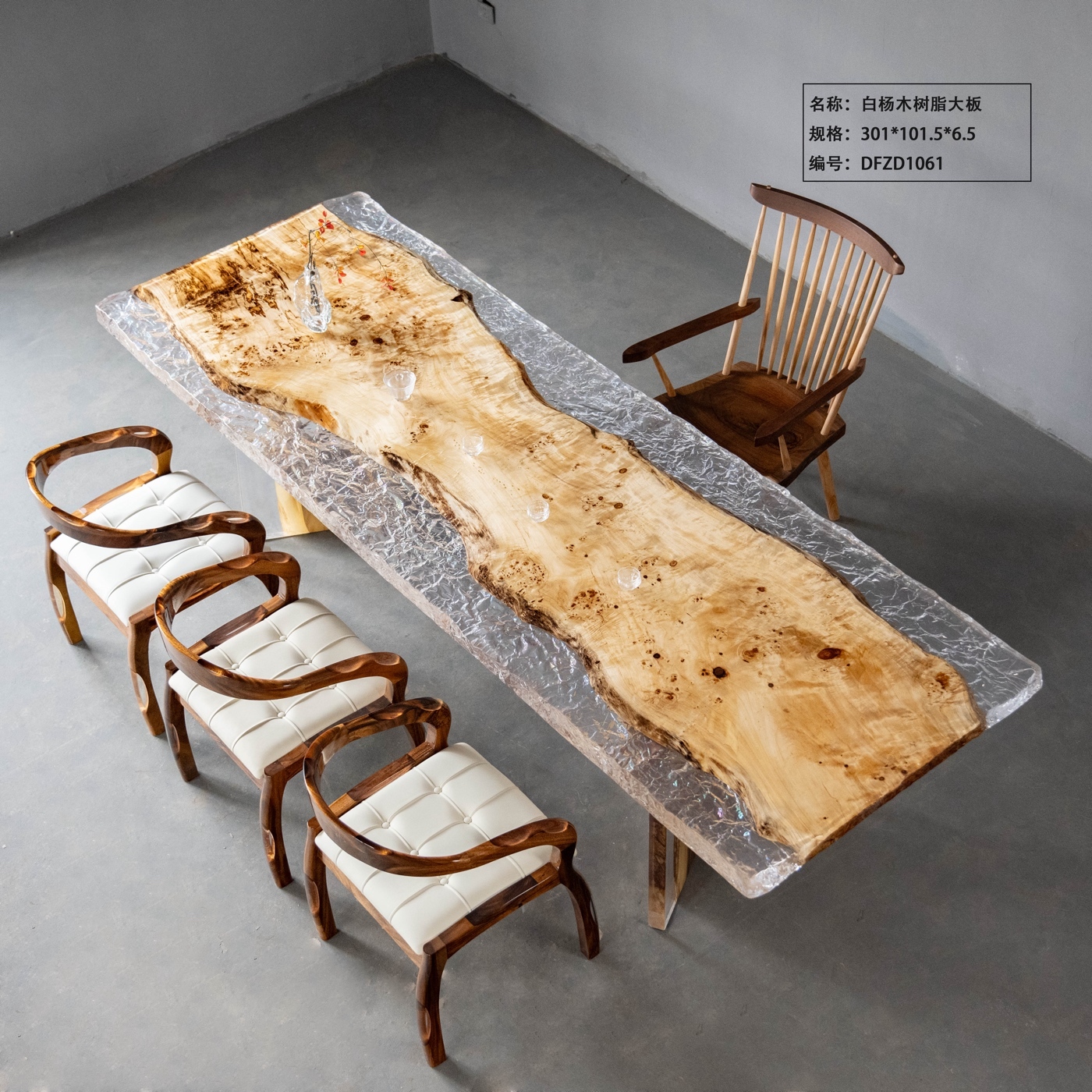 Ice Texture Epoxy River Table, Live Edge Poplar Burl Wood Tea & Dining Table for Villa