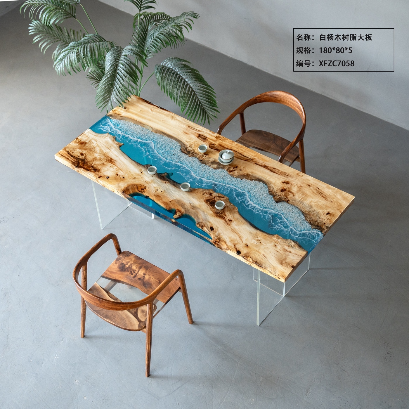 Ocean Wave Epoxy River Table, Live Edge Poplar Burl Wood Tea & Dining Table for Home