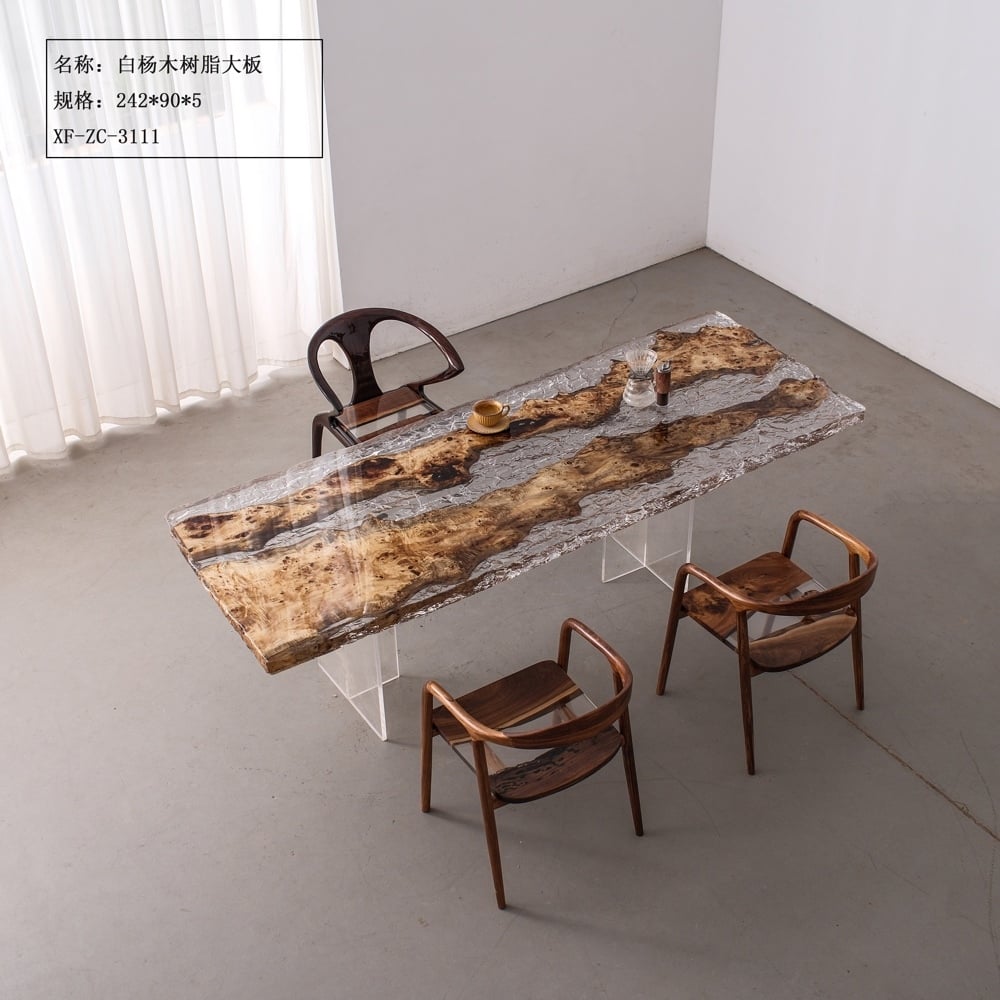 Clear Glacier Epoxy Table, Live Edge Poplar Burl Wood Dining & Tea Table for Villa