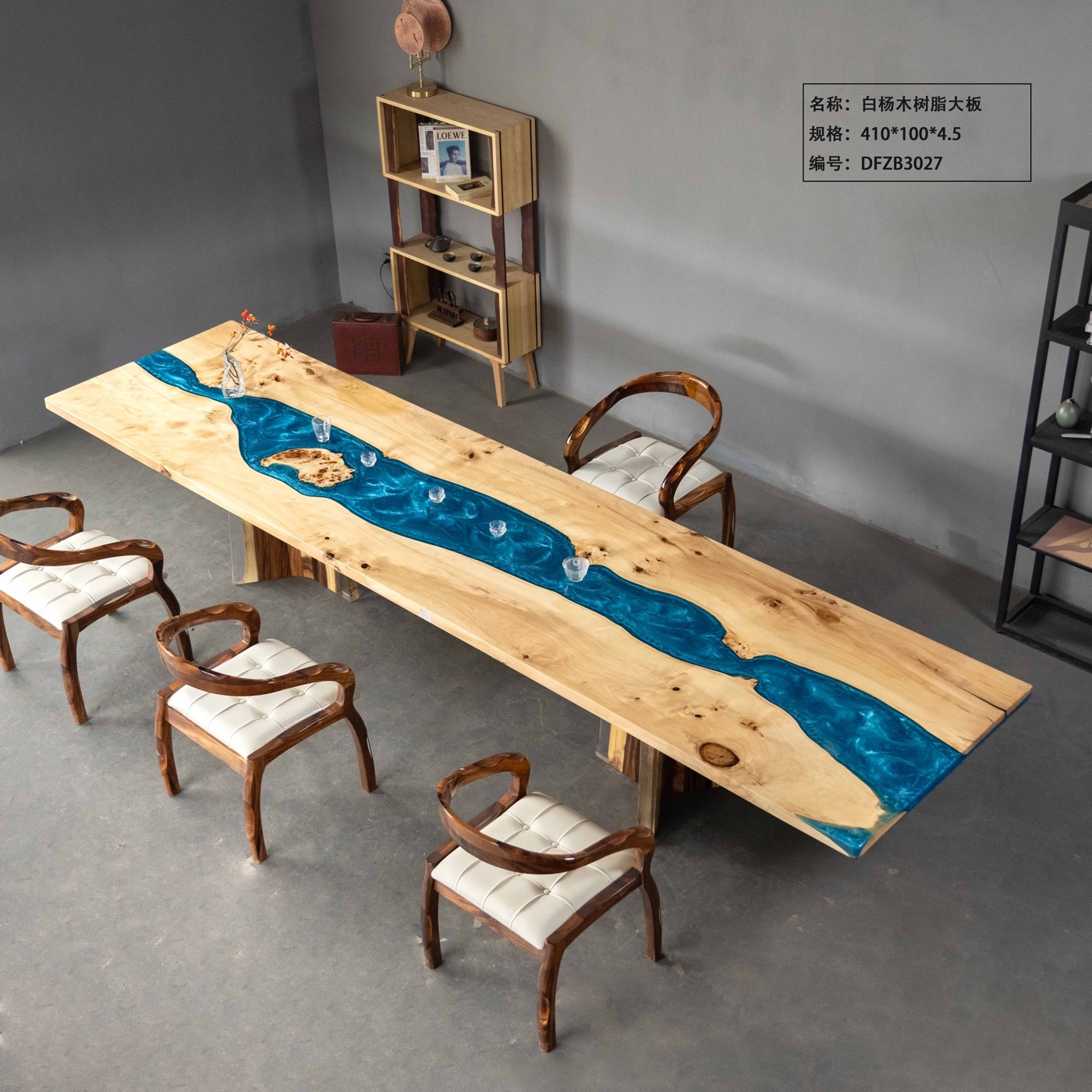 Deep Blue Resin River Dining Table, Large Live Edge Poplar Wood Table for Reception