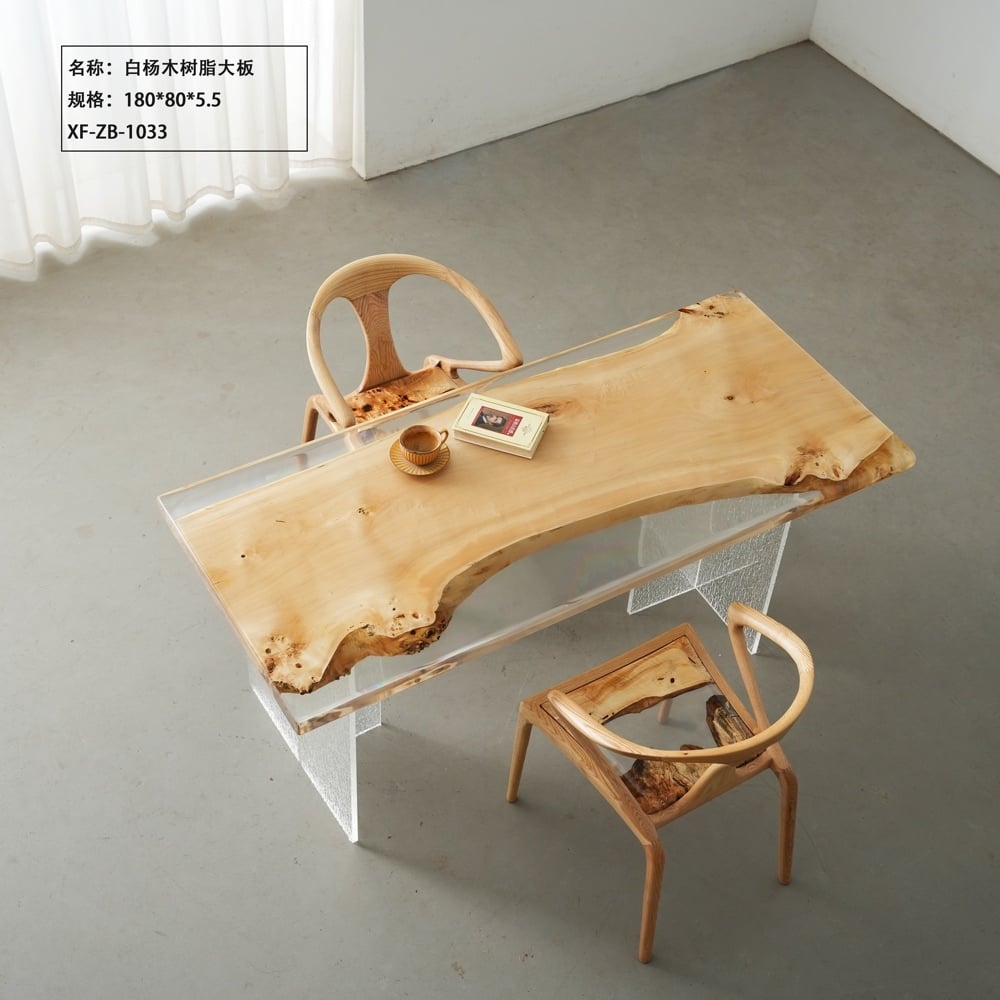 Clear River Epoxy Table, Live Edge Poplar Wood Tea Dining Desk for Home