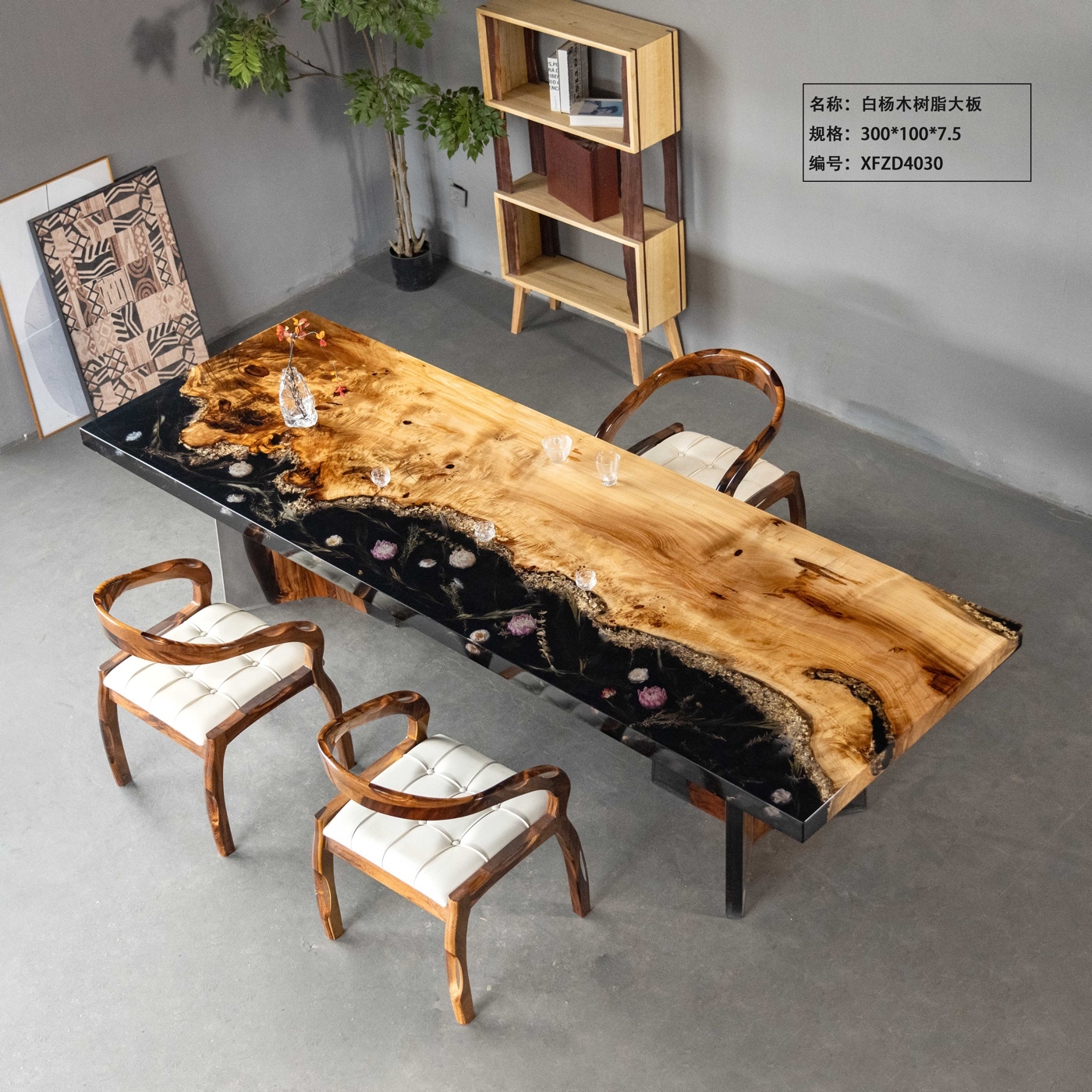 Black River Epoxy Table, Live Edge Poplar Burl Wood Tea & Dining Table for Villa