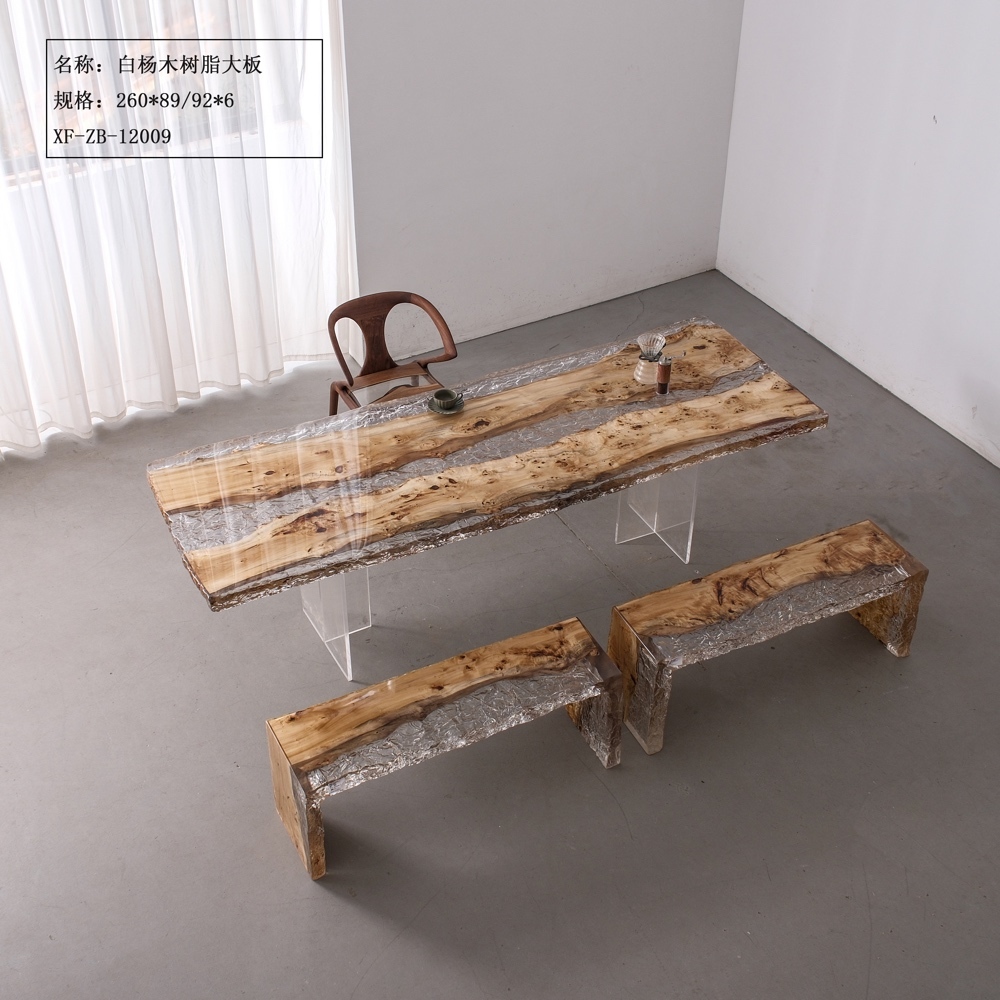 Ice Texture Clear Resin Table with Matching Benches, Live Edge Poplar Burl Wood Tea & Dining Set