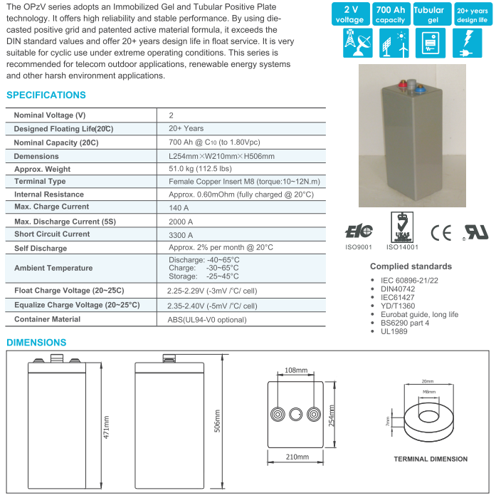 OPzV2-700 2V TUBULAR GEL SERIES VRLA BATTERY details