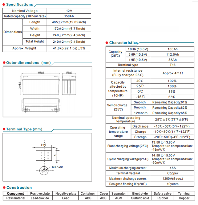 NP150-12 12V150Ah Lead-Acid Battery manufacture