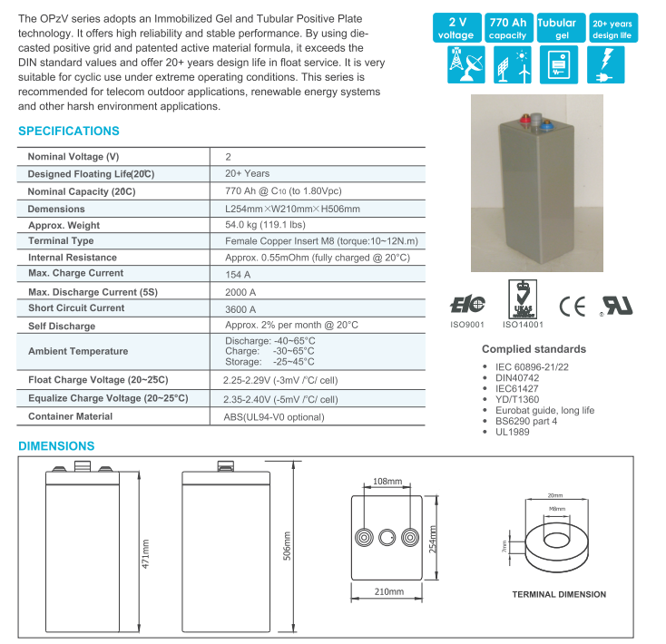 OPzV2-770 2V TUBULAR GEL SERIES VRLA BATTERY supplier