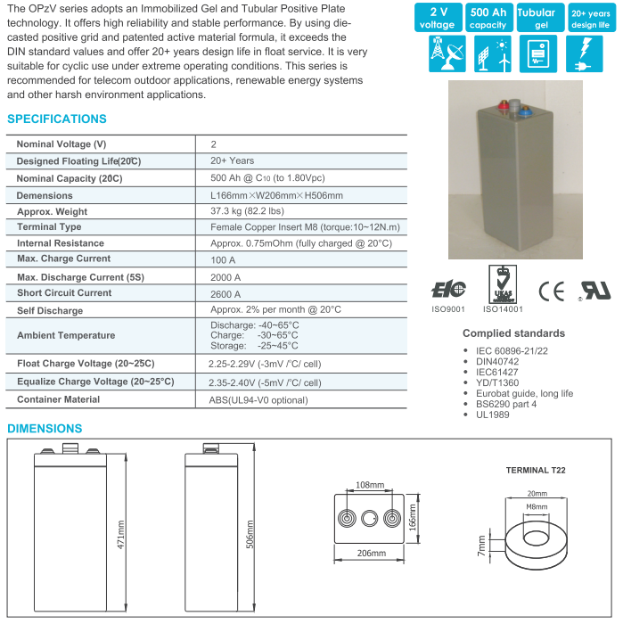 OPzV2-500 2V TUBULAR GEL SERIES VRLA BATTERY details