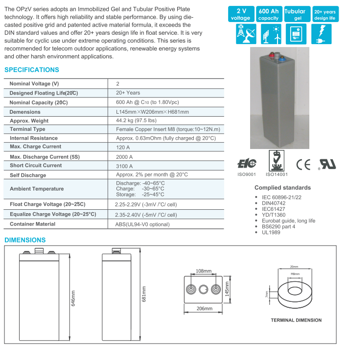 OPzV2-600 OPzV2-600 2V TUBULAR GEL SERIES VRLA BATTERY factory