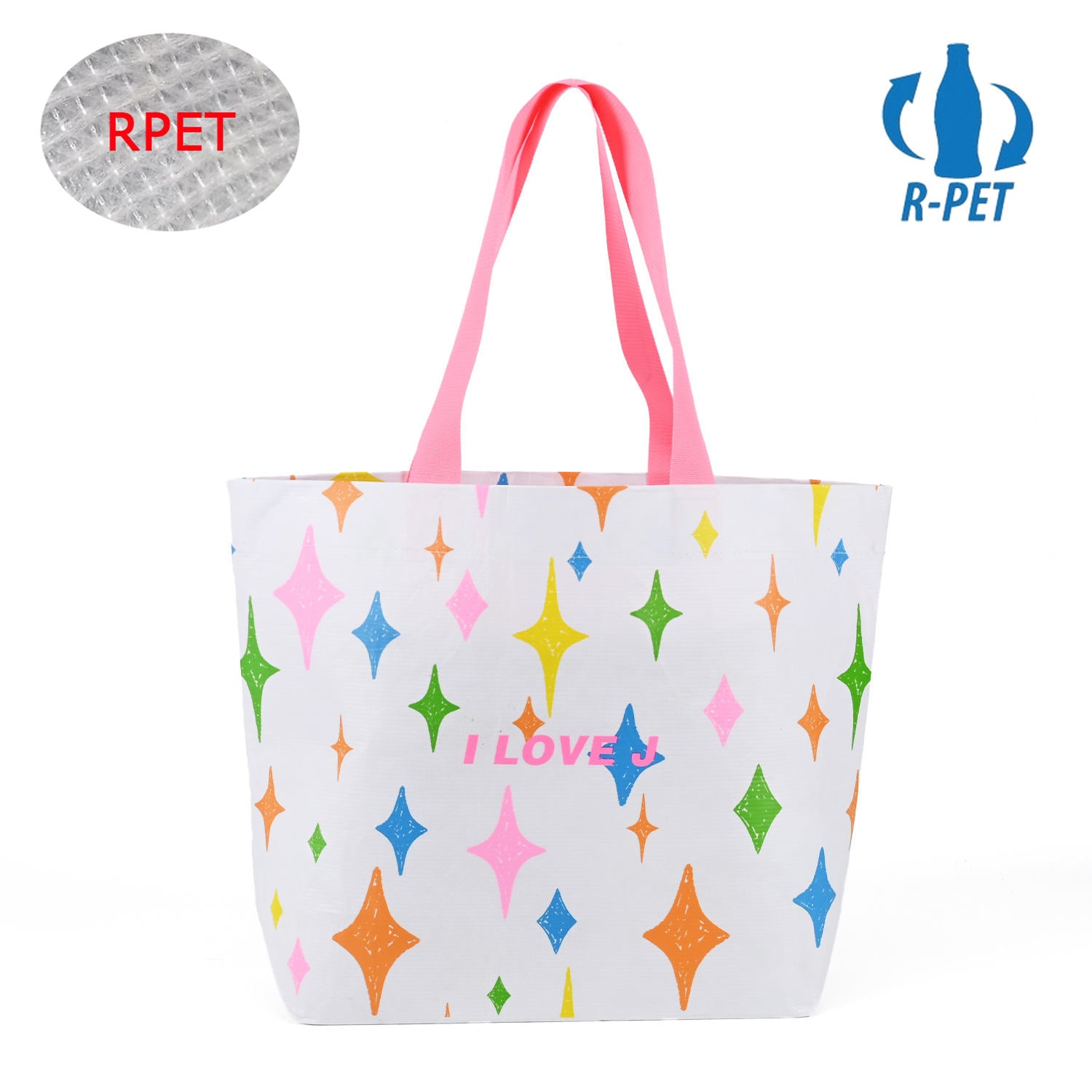 Fashion Multi Color RPET Laminated Bags – Custom Logo Recycled Stitch Bonded Reusable Grocery Shopping Tote Bags with 60cm Handles
