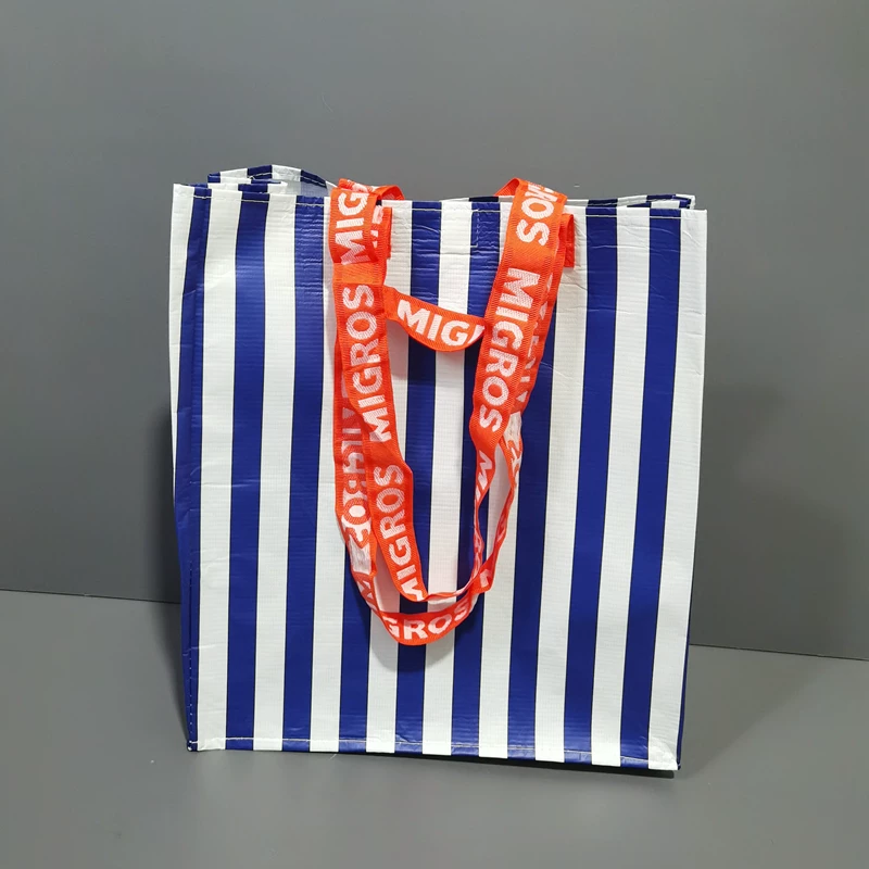 Fresh Striped RPET Laminated Bags – 110gsm Water-Resistant Reusable Supermarket Shopping Tote with Bottom & Side Gussets
