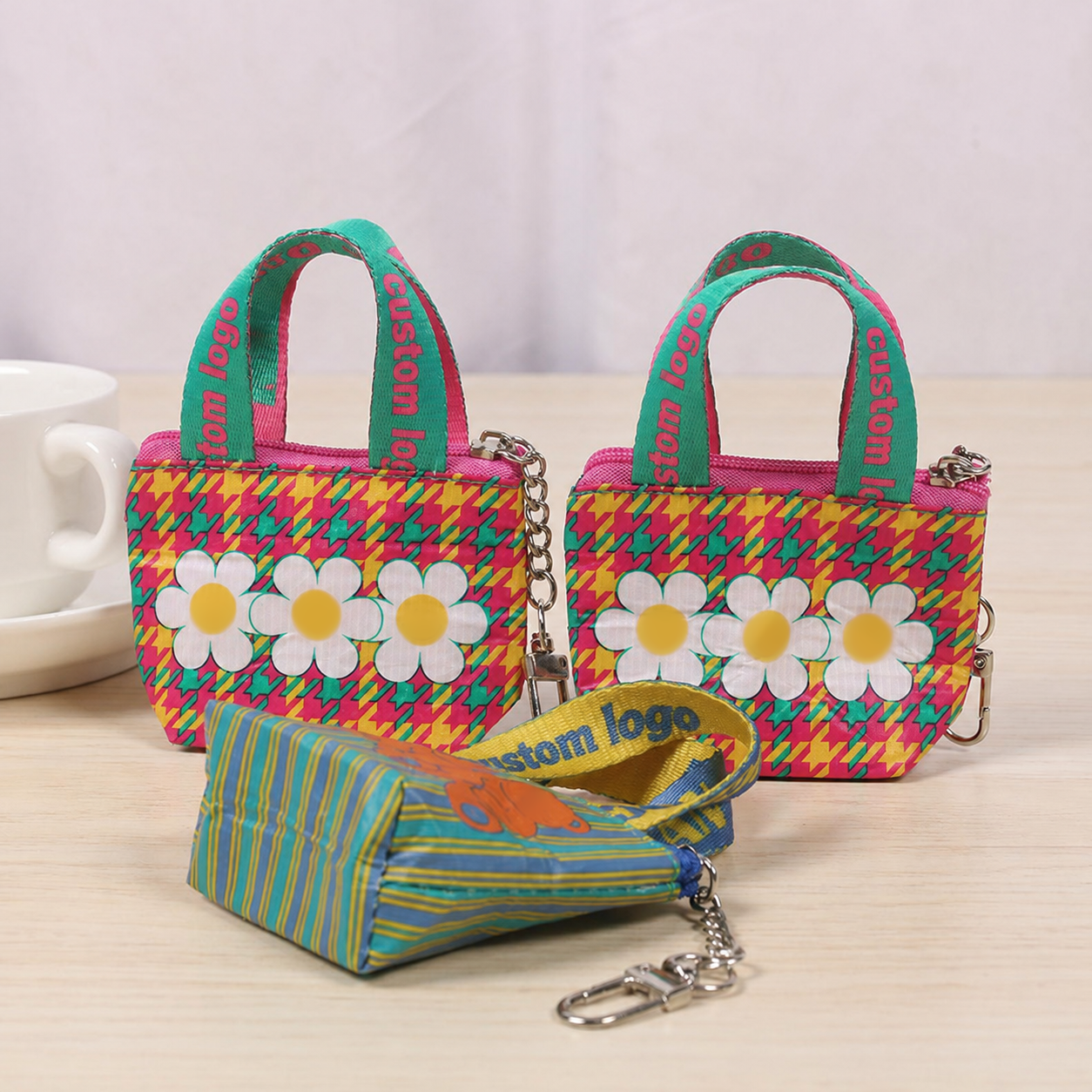Custom Printed Mini RPET Laminated Bags – Recycled rPET Zipper Coin Pouch, Earbud Storage Bag with Handles & Metal Keychain
