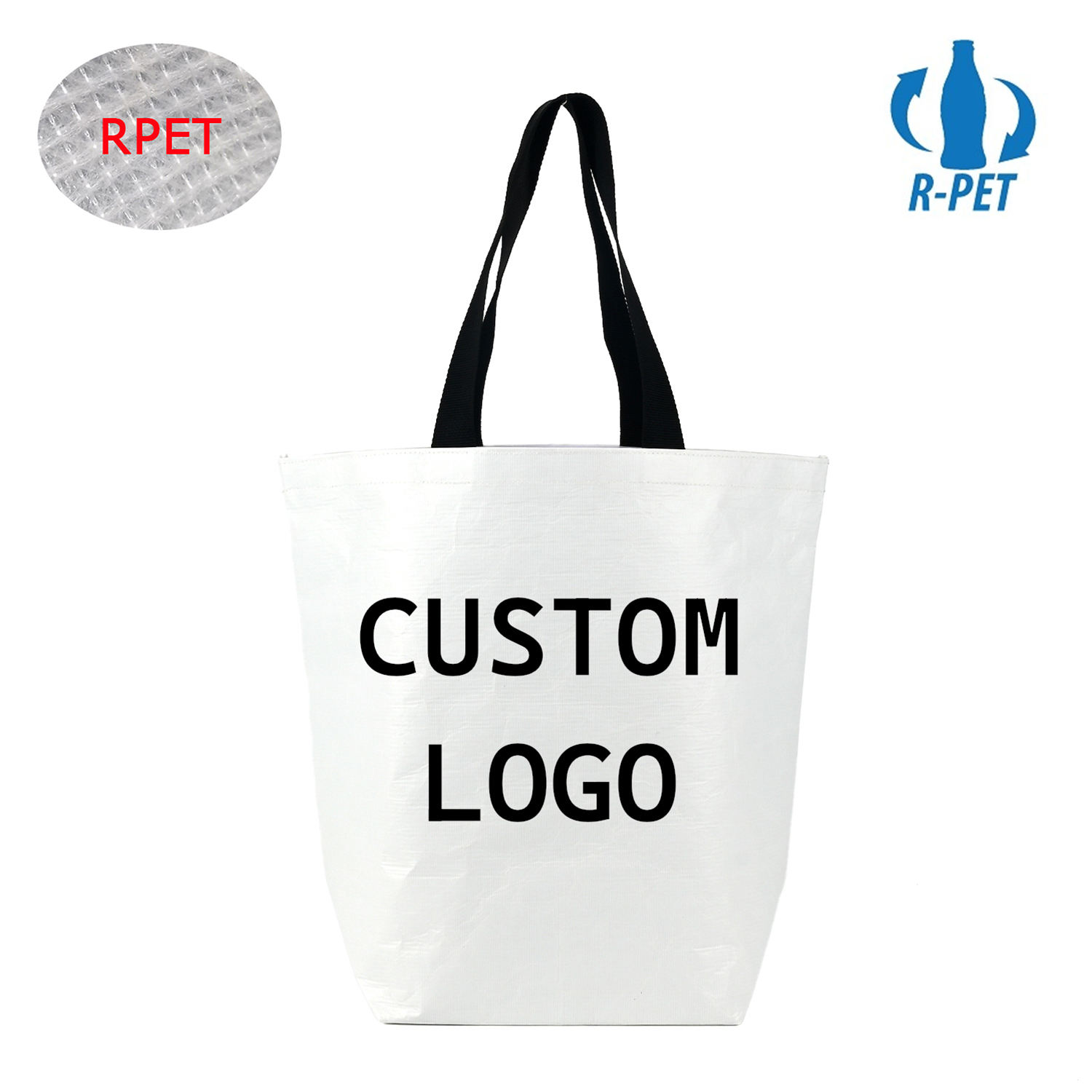 Custom Printed RPET Laminated Bags – Recycled Stitch Bonded Reusable Grocery Tote Bags with 60cm Handles for Sustainable Shopping, Gifts & Green Business
