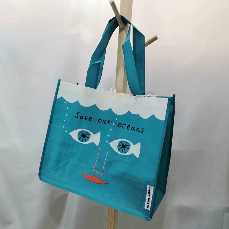 Custom Blue RPET Laminated Bags – Foldable Eco Bag with Bottom & Side Gusset for Reusable Shopping, Retail and Promotional Packaging
