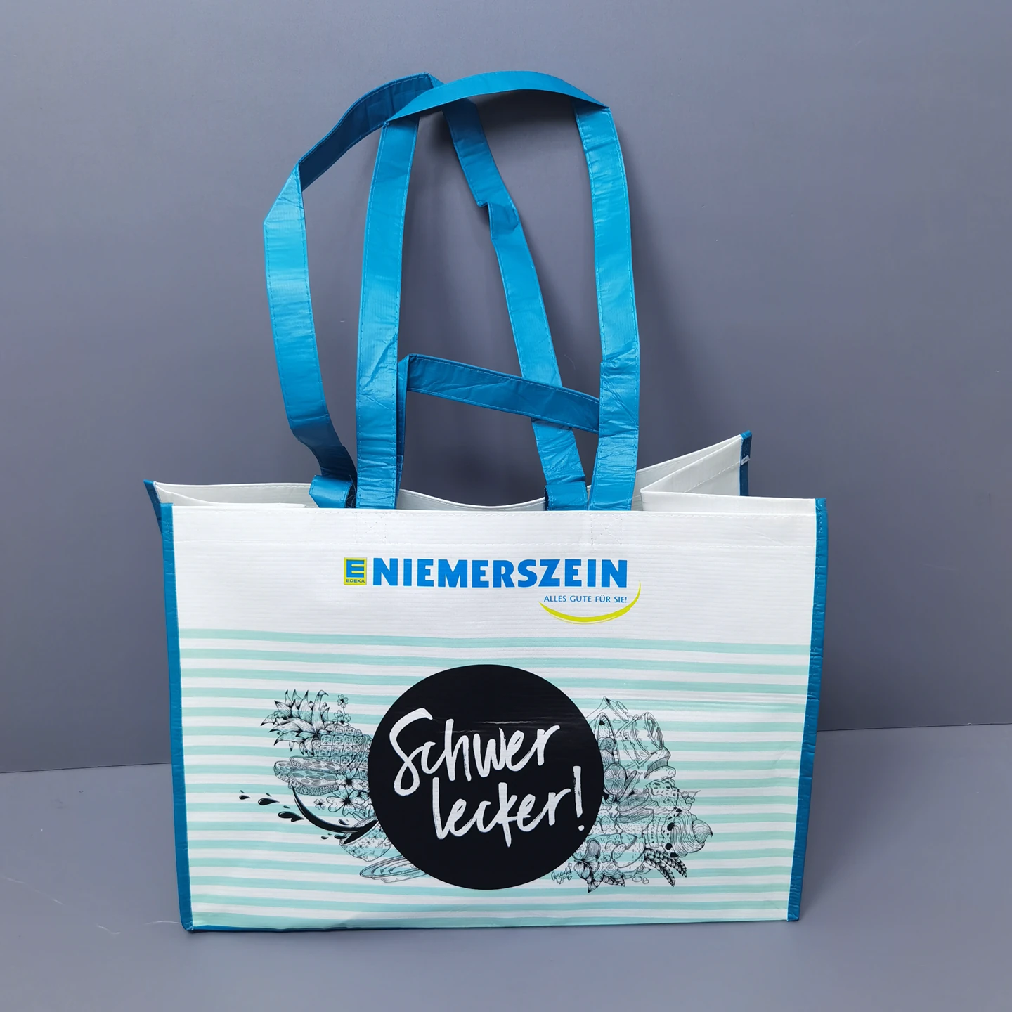 Custom Printed RPET Laminated Bags – Reusable Grocery Tote Bags with Gusseted Bottom, Striped Design & Webbing Handles
