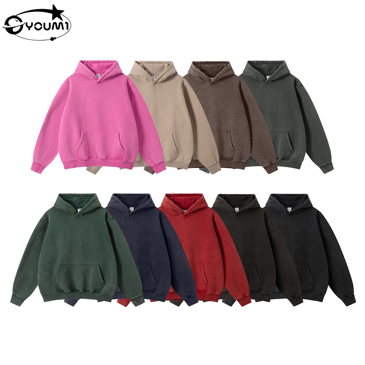 YOUMI Oversized Heavyweight Washed Vintage Hoodie Y2K Men'S Streetwear 