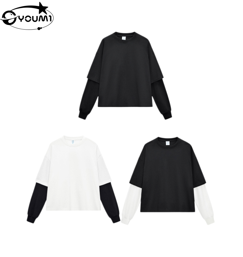 YOUMI Color Block Two Piece Long Sleeve T-Shirt Boxy Oversized Streetwear Cotton Top  