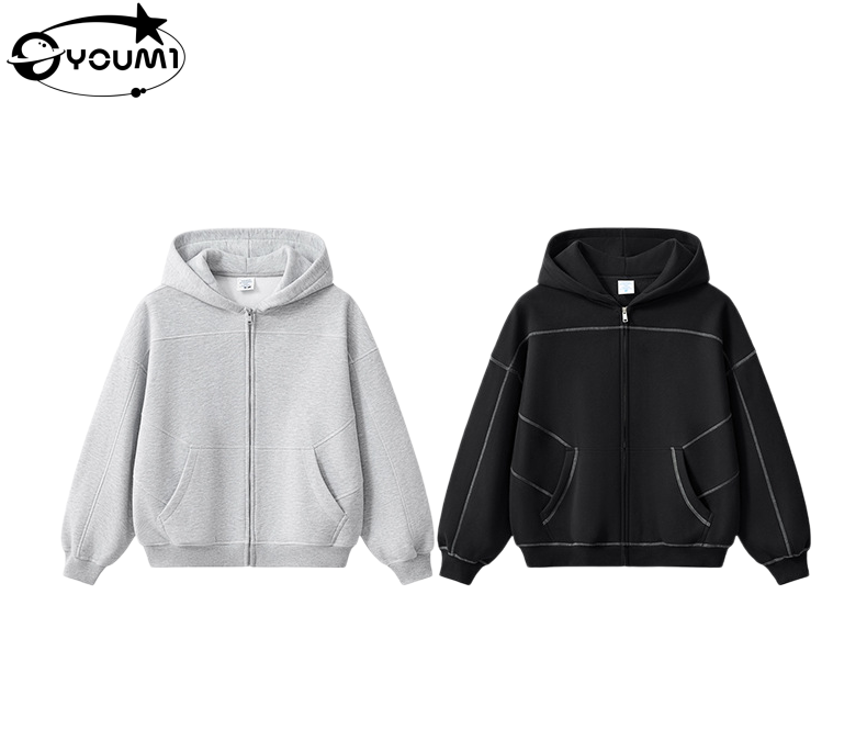 YOUMI  Boxy Zip Up Hoodie Heavy Fleece Oversized Hip Hop Streetwear Full Zip Jacket