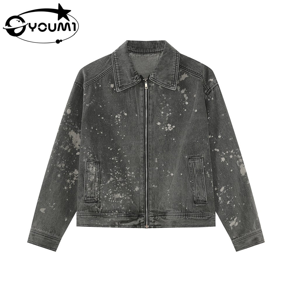 Veste en denim pour hommes Youmi, personnalisée, décolorée à l'acide, avec effets d'encre éclaboussée