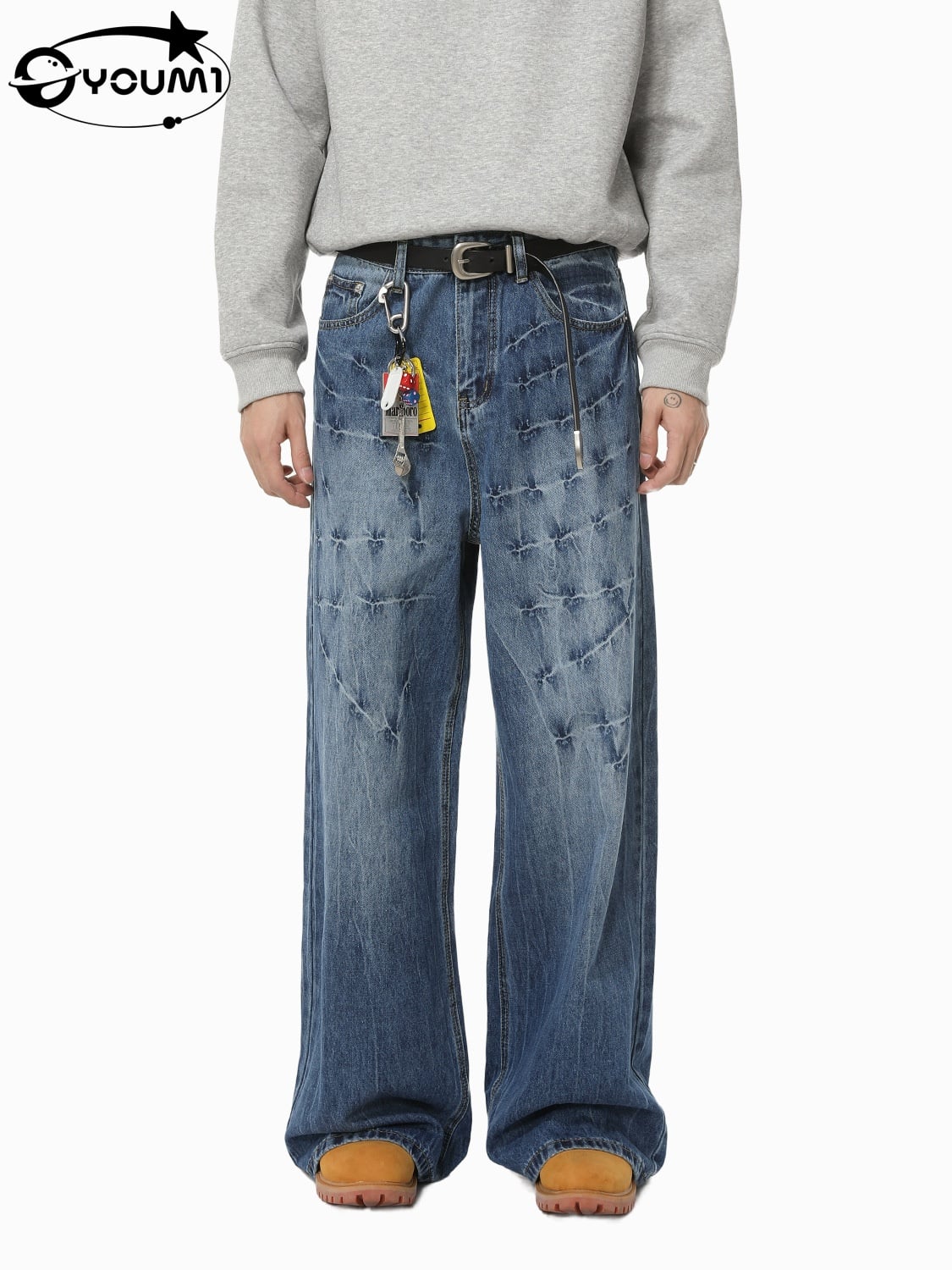  Youmi Custom Vintage Washed Baggy Wide Leg Jeans Men Streetwear Denim Pants