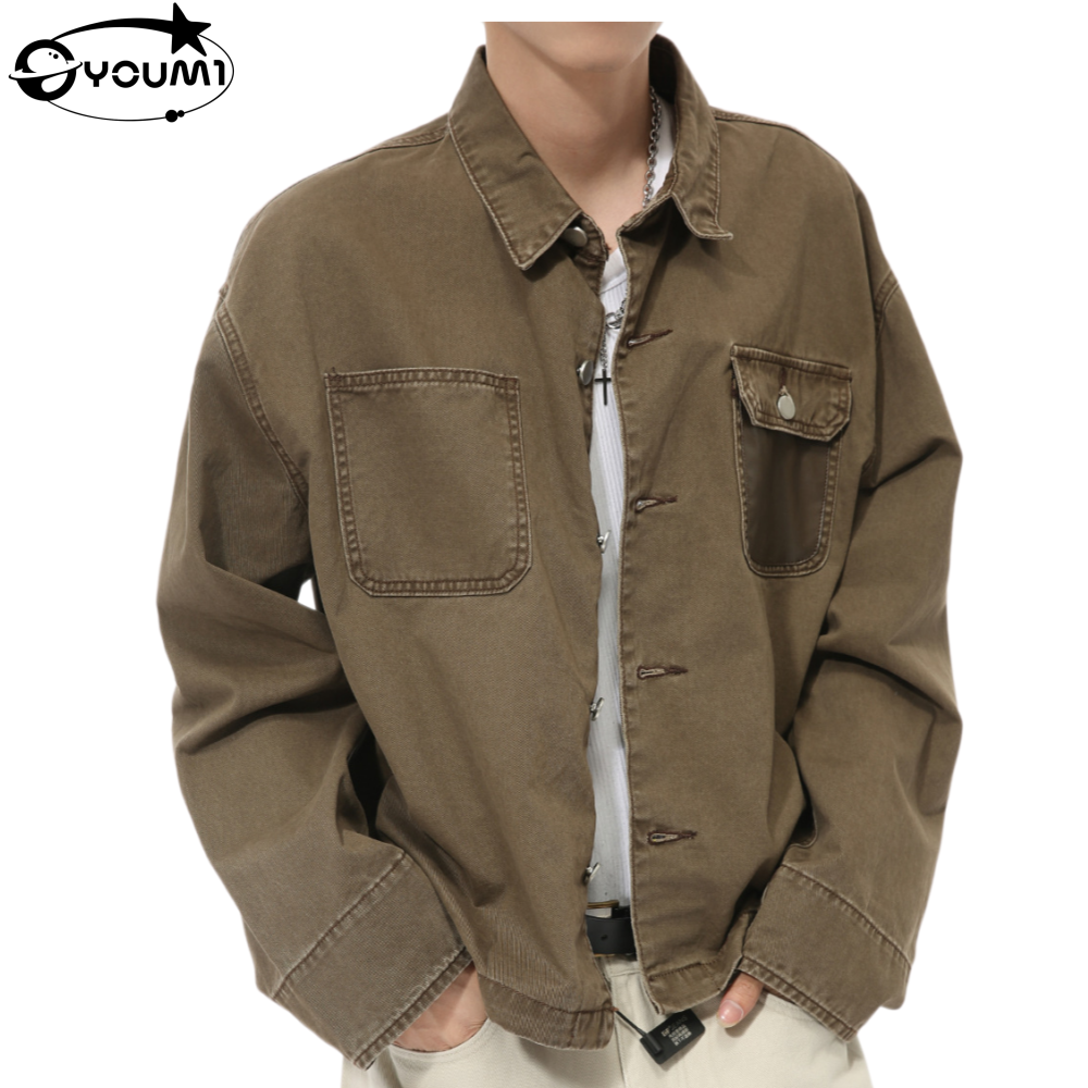 Veste chemise en denim streetwear à col et poche avant avec bouton Youmi