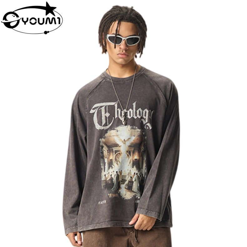 YOUMI 270G Vintage Acid Wash Long Sleeve T-Shirt Retro Graphic Oversized Streetwear