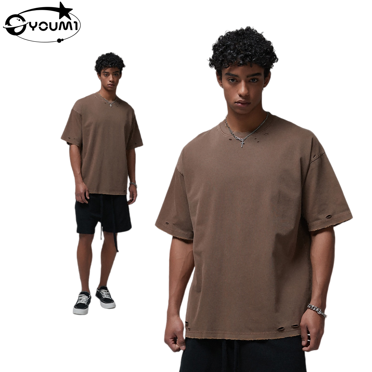 Summer 275G Vintage Washed Distressed Men'S T-Shirt  Streetwear Crewneck Tee