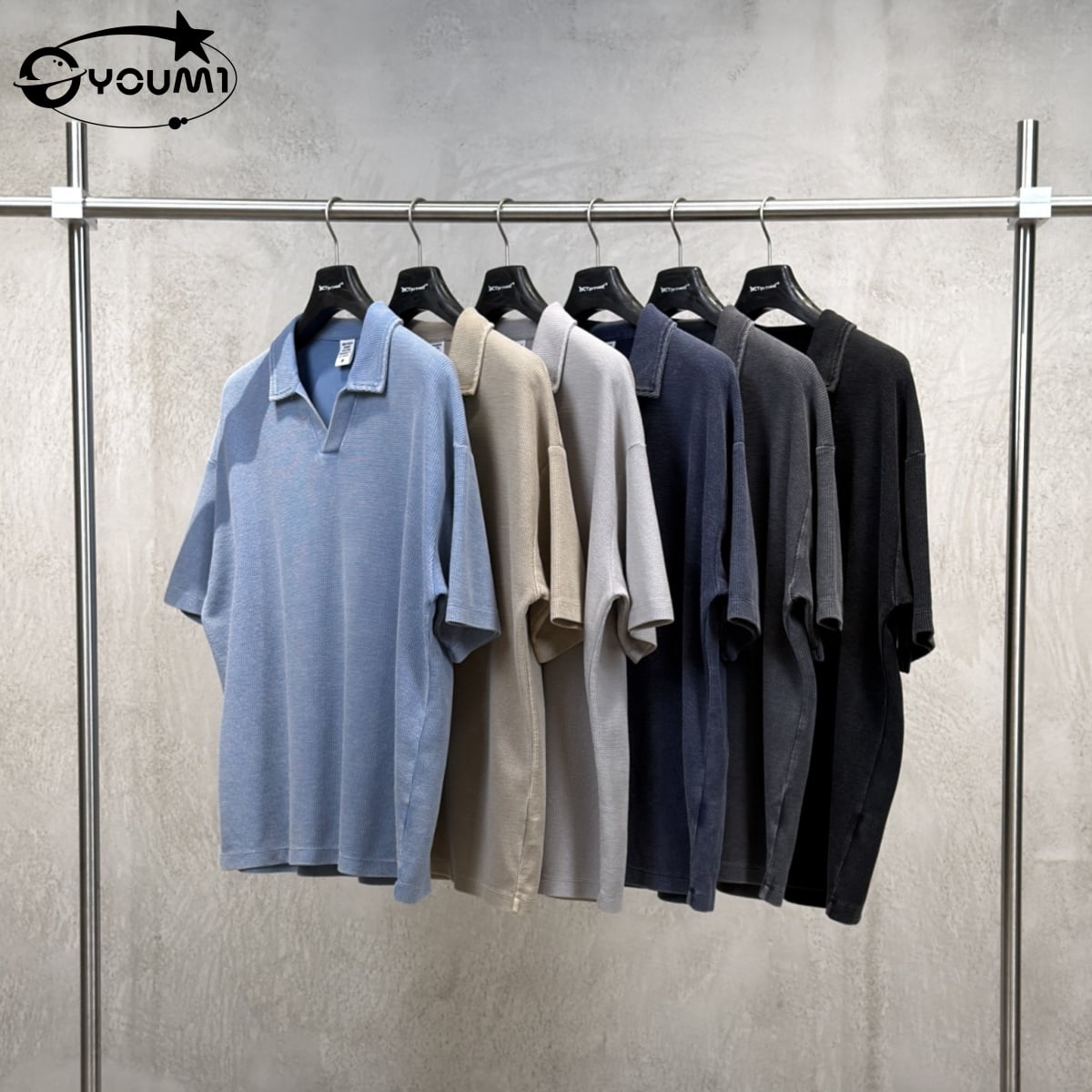 Men's Waffle Knit Vintage Washed Polo Shirt Oversized Seagull Collar Streetwear Top