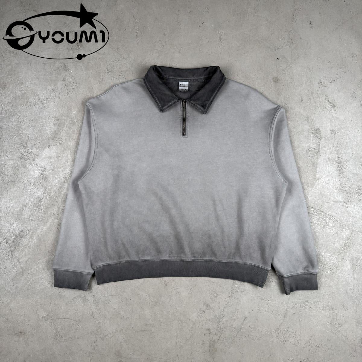 Youmi Custom 100%Cotton Vintage Gradient Washed Quarter Zip Polo Contrast Collar