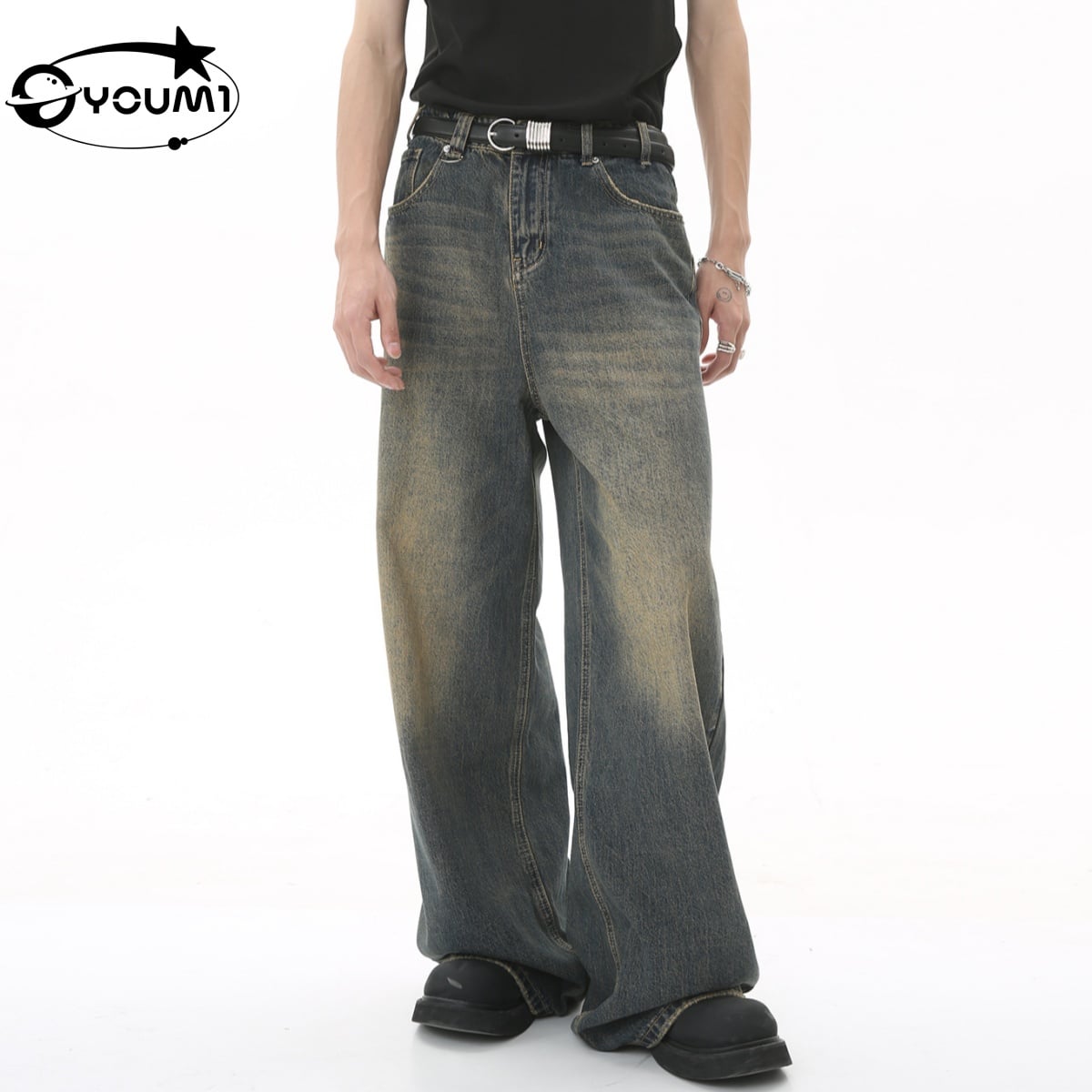 Youmi Custom Sun Faded Baggy Wide Leg Jeans Men Streetwear Denim Pants