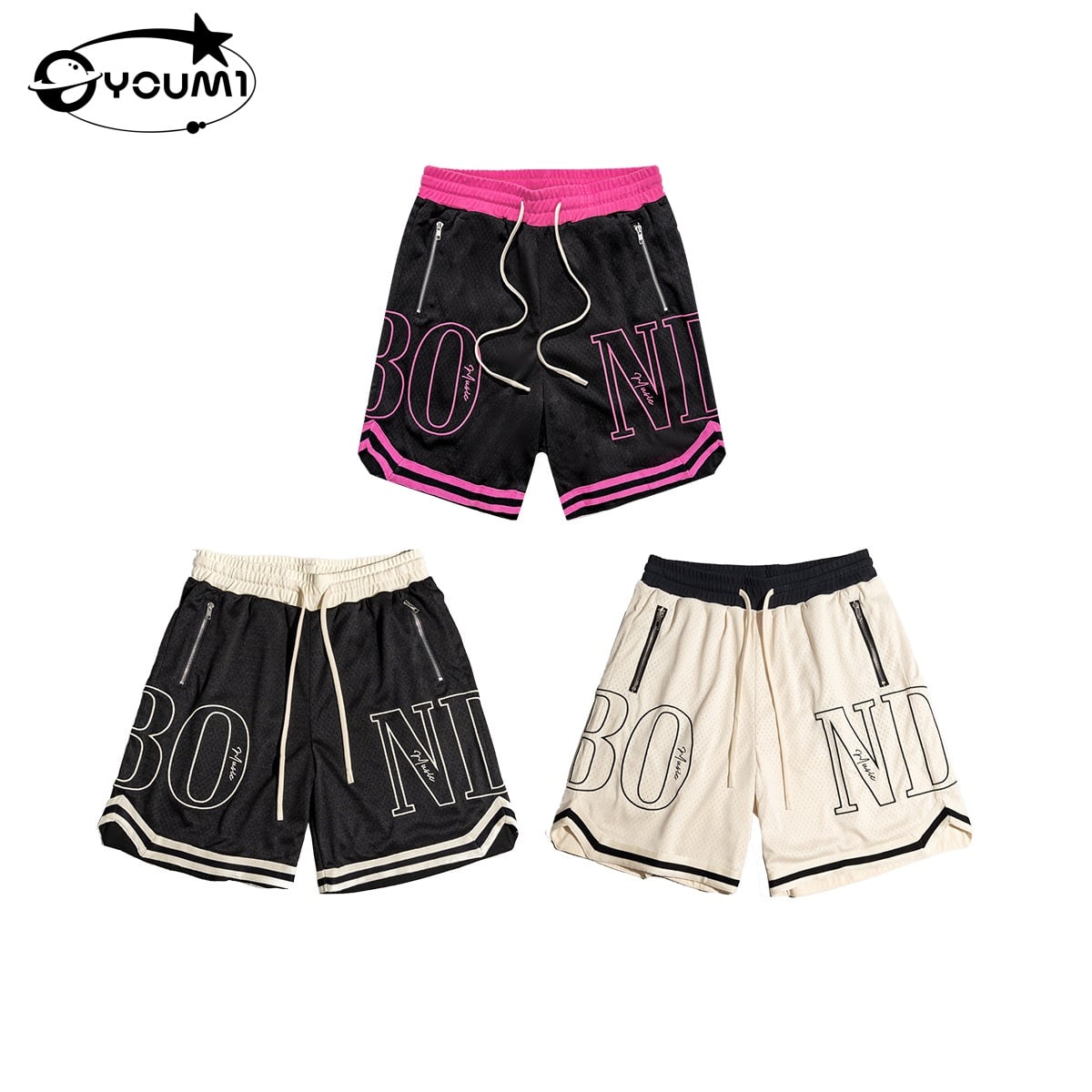 YOUMI Breathable Mesh Basketball Shorts Oversized Letter Print Streetwear Athletic Shorts