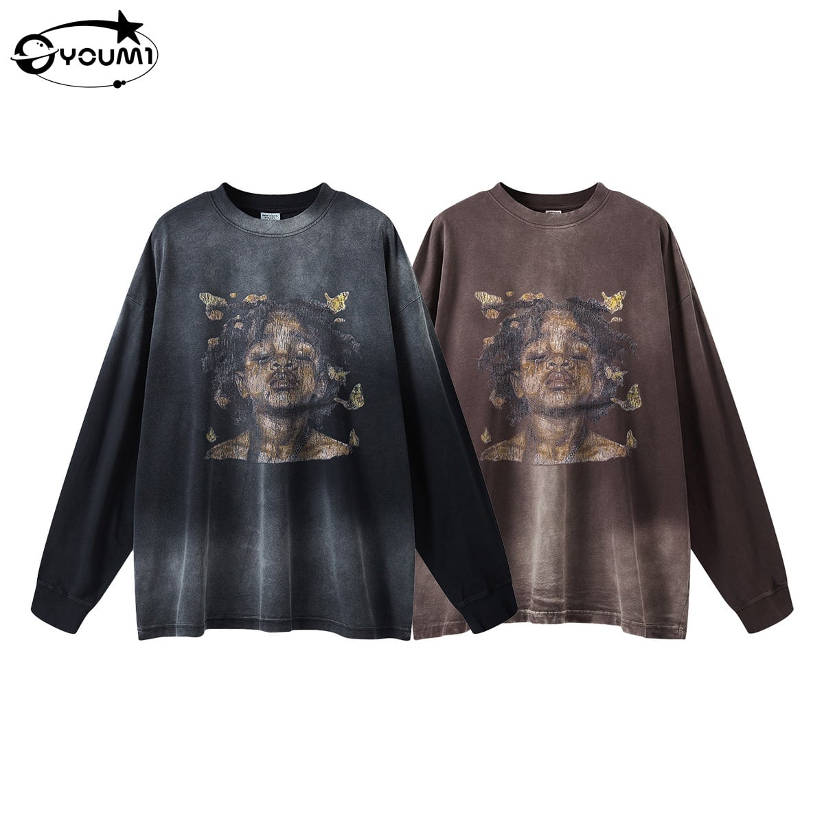 YOUMI Sun Faded DTG Vintage Long Sleeve T-Shirt Oversized  Streetwear Cotton Top