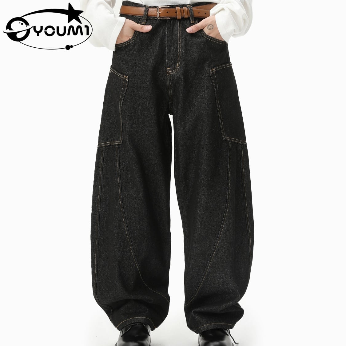 YOUMI Men's Mid Waist Denim Jeans Straight Leg Cargo Jeans 
