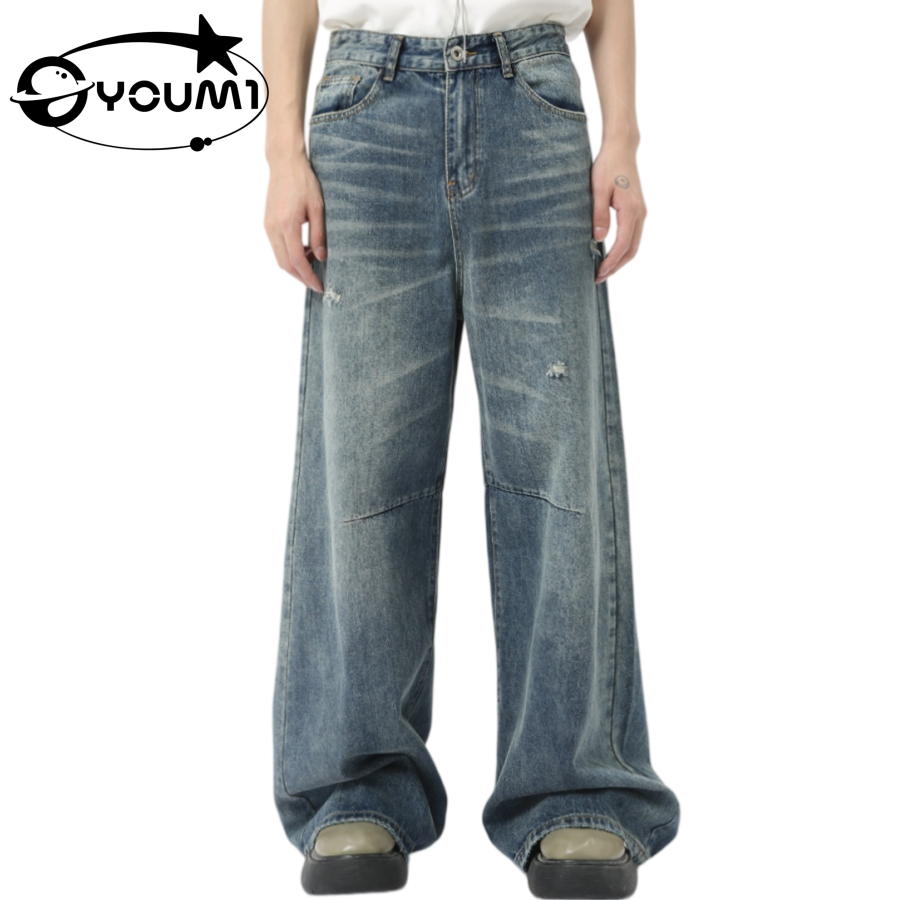 YOUMI Men's Frayed Hem Streetwear Custom Logo Vintage Jeans Selvedge Denim Jeans

