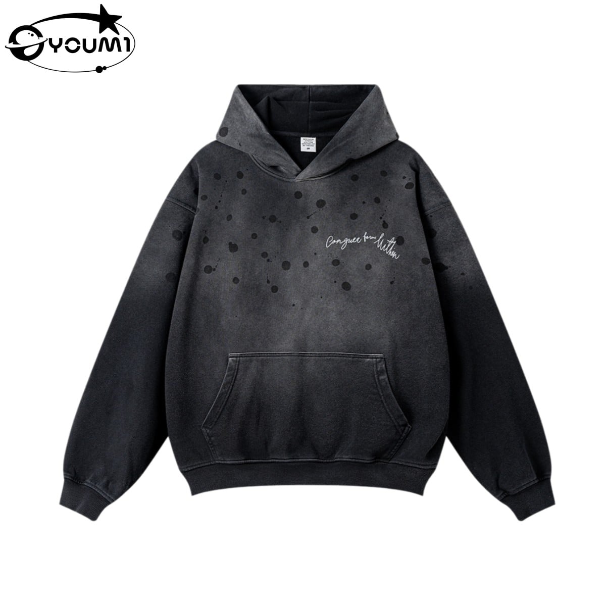 YOUMI Oversized Vintage Acid Washed Distressed Hoodie Y2K Men'S Streetwear 