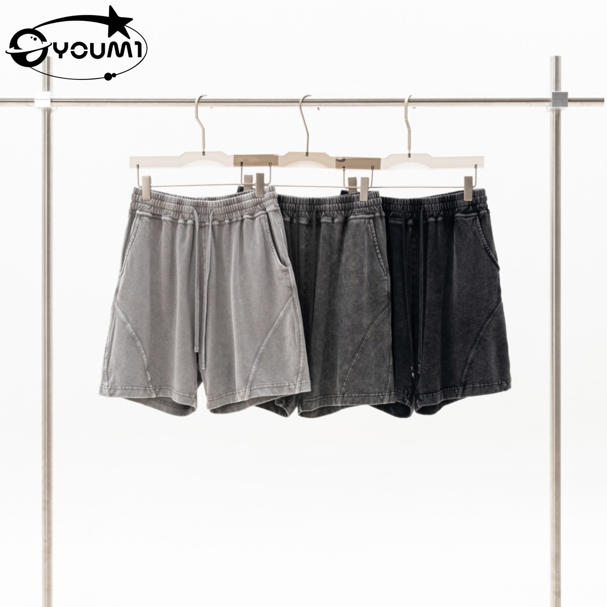 YOUMI 330G Snow Washed Drawstring Shorts Oversized Vintage Streetwear Athletic Shorts