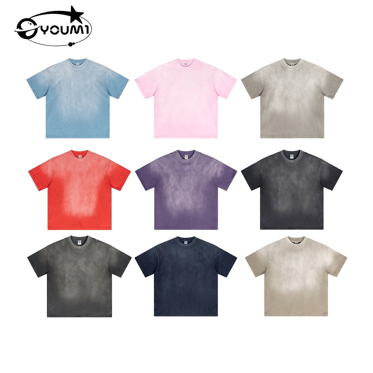 YOUMI Sun Faded Cotton T-Shirt Oversized Heavyweight Streetwear Short Sleeve