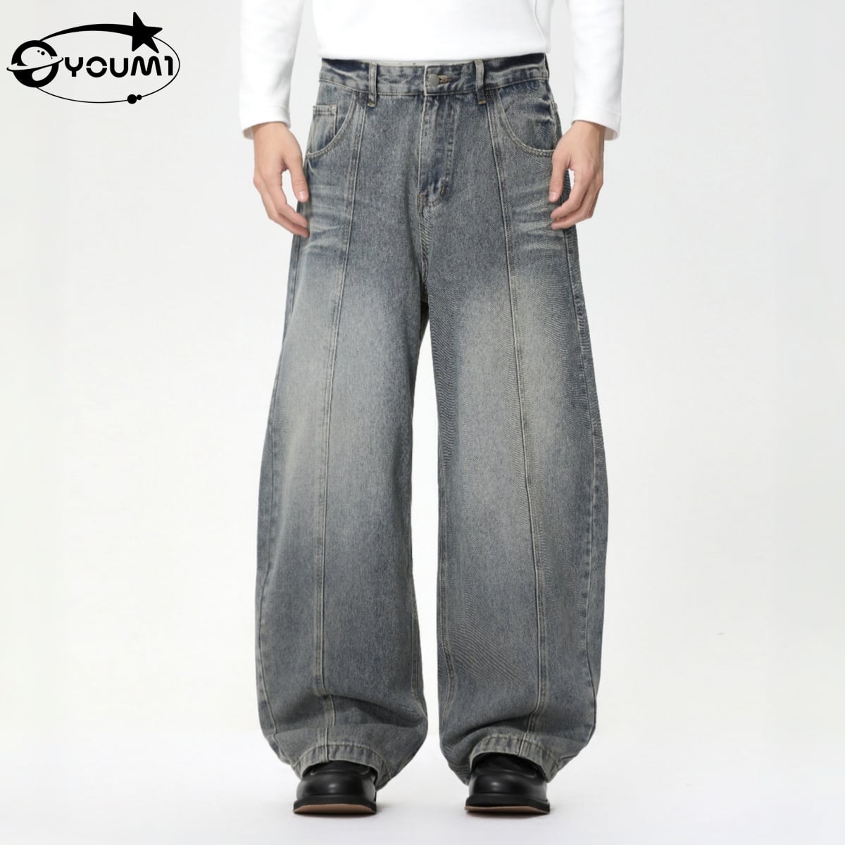 YOUMI Men's Vintage Wash Oversized Hip Hop Style Men's Jeans Y2K Baggy 

