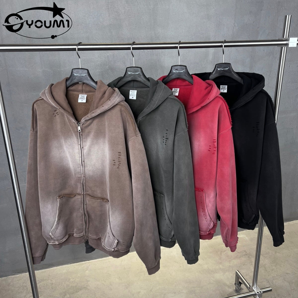 Youmi Custom Oversized Distressed Sun Faded Fleece Raw Hem Breathable 