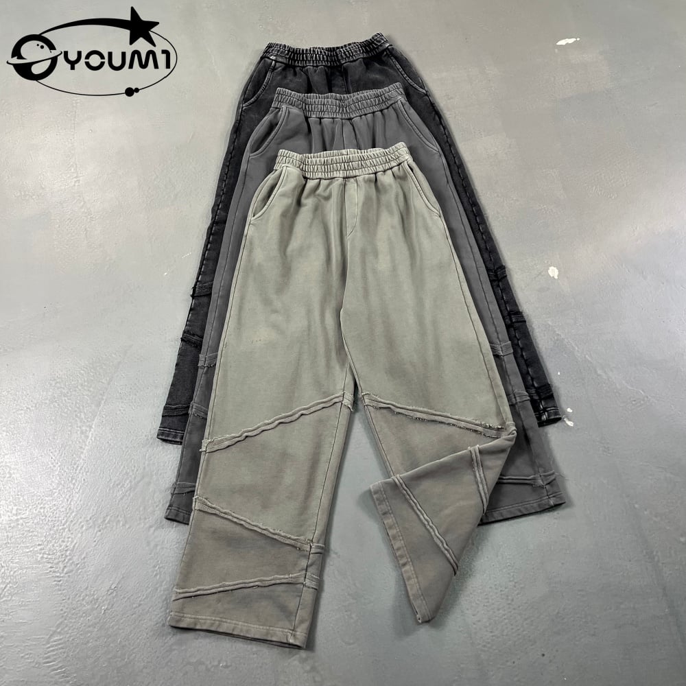 Men'S Heavy Cotton Irregular Panel Spliced Vintage Washed Wide Leg Sweatpants