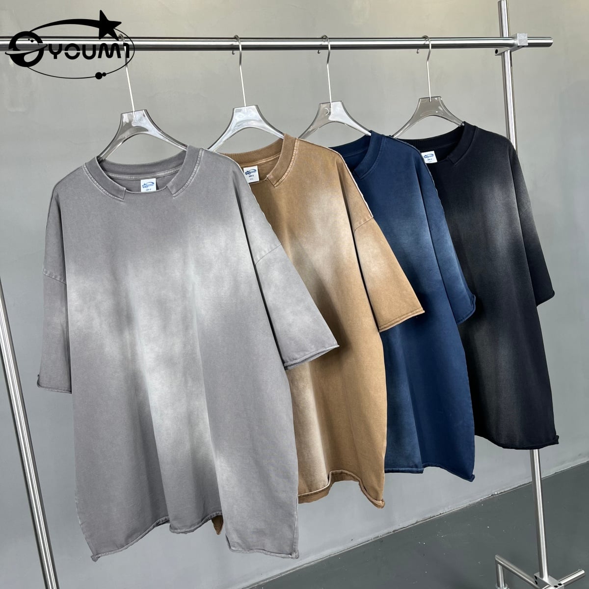 Youmi Custom OEM Washed Raw Hem Vintage Oversized Men's T-shirts